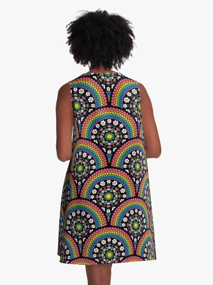 Thumbnail 3 of 4, A-Line Dress, Maximalist Rainbow Daisy Dot The Difference Mandala Art Deco Scallop designed and sold by prandski.