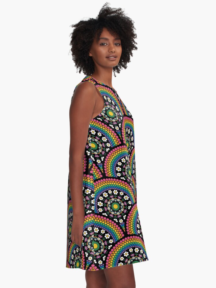 Thumbnail 2 of 4, A-Line Dress, Maximalist Rainbow Daisy Dot The Difference Mandala Art Deco Scallop designed and sold by prandski.