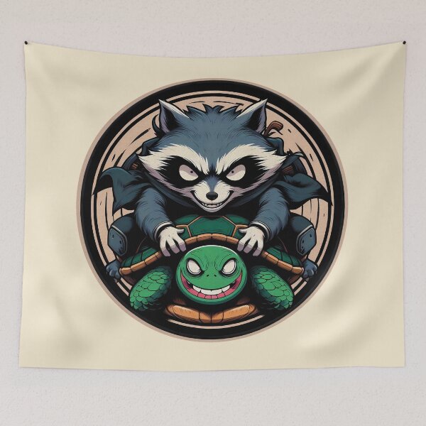 Item preview, Mischievous Raccoon Riding Turtle | Colorful Circular Illustration | Fun and Quirky Art | Unique Animal Design designed and sold by GALUMARKET.
