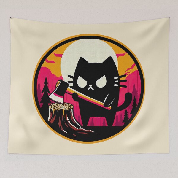 Item preview, Mysterious Black Cat with Axe Illustration | Intriguing Scene | Colorful Circular Design designed and sold by GALUMARKET.