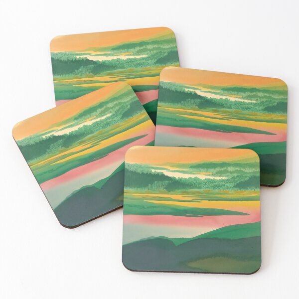 Item preview, Abstract Painting Of Forest Landscape with Sunset Reflection Over Serene Lakes and Lush Green Hills designed and sold by regnumsaturni.