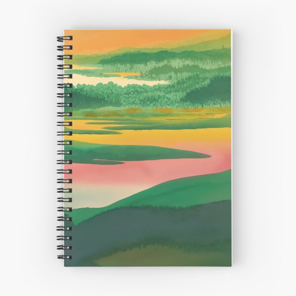 Item preview, Abstract Painting Of Forest Landscape with Sunset Reflection Over Serene Lakes and Lush Green Hills designed and sold by regnumsaturni.