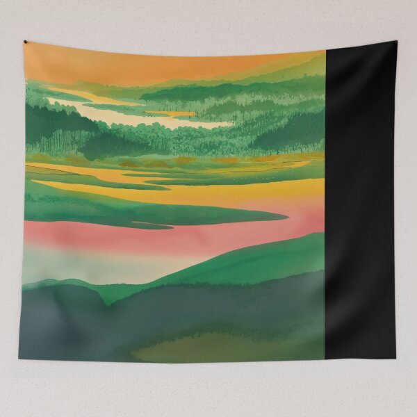 Item preview, Abstract Painting Of Forest Landscape with Sunset Reflection Over Serene Lakes and Lush Green Hills designed and sold by regnumsaturni.