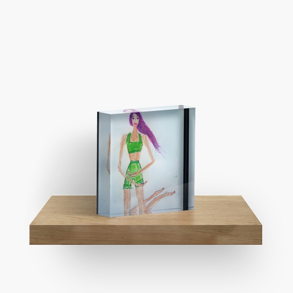 Girl Wearing a Green Two Piece Acrylic Block