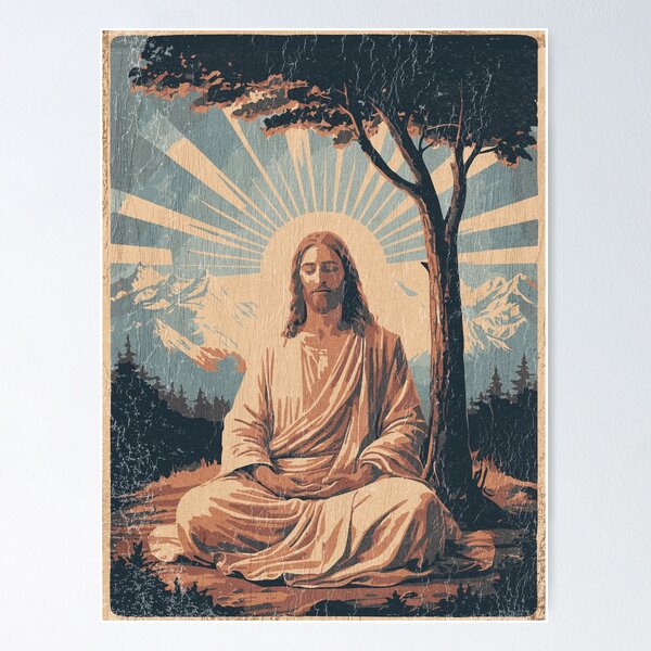 Item preview, Jesus Meditating Under a Tree with Mountains and Sunrise designed and sold by Loving Nature Gifts.