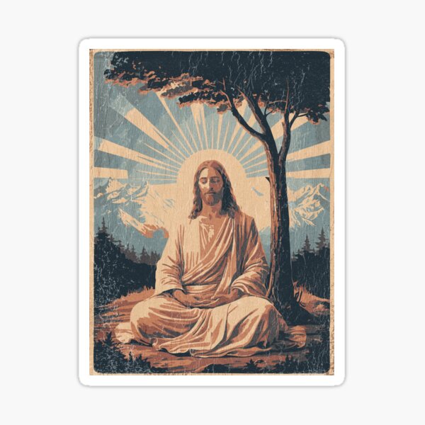 Item preview, Jesus Meditating Under a Tree with Mountains and Sunrise designed and sold by Loving Nature Gifts.