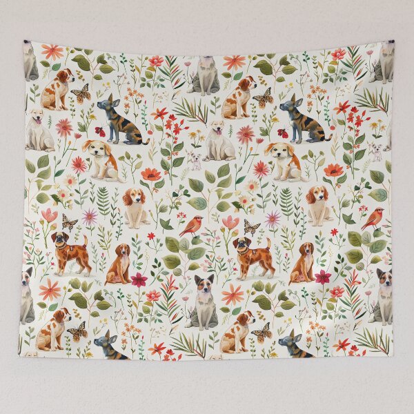 Item preview, Adorable watercolor pattern with different dog breeds playing in a lush garden designed and sold by DMay-art.