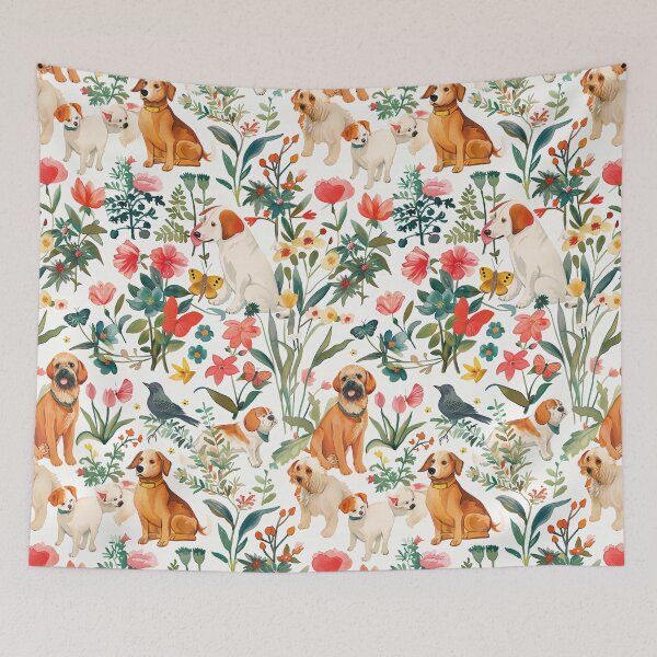 Item preview, Adorable watercolor pattern with different dog breeds playing in a lush garden designed and sold by DMay-art.