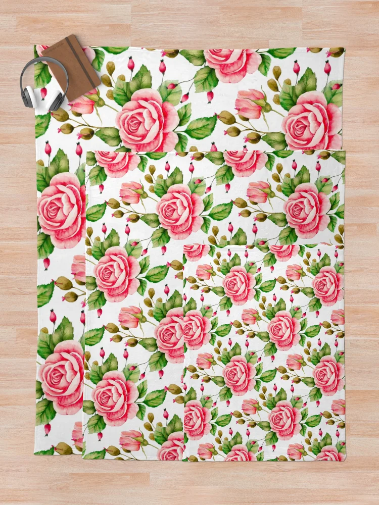 Thumbnail 5 of 6, Throw Blanket, Pink Roses | Floral Pattern designed and sold by Chic-Fun.