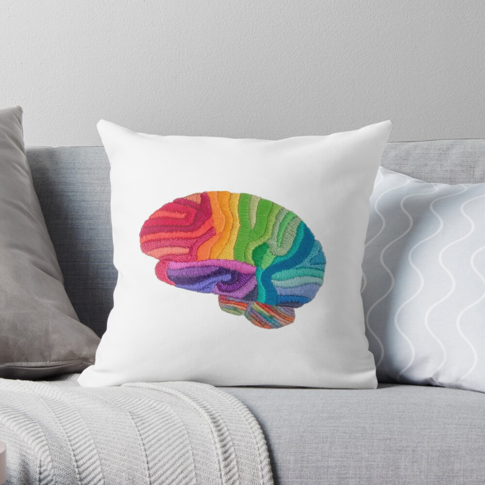 Embroidered Look - Rainbow Brain  Throw Pillow
