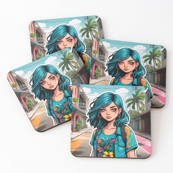Aperçu de l'œuvre Fille punk tropicale aux cheveux bleus créée et vendue par MadnessEnvelope.
