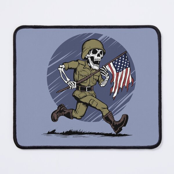 Item preview, a skeleton in a military uniform runs with a flag in his hands. designed and sold by JoraArt.