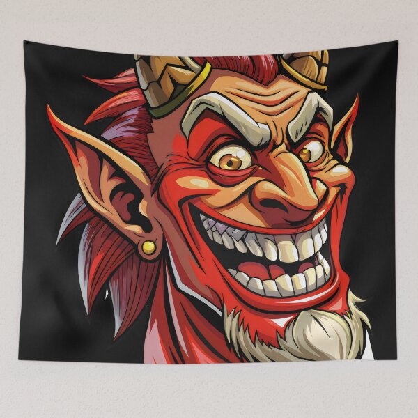 Item preview, Red Devil Cartoon Illustration Horns Grin Earring Fiery Eyes Sharp Teeth Mischievous Expression  designed and sold by Rostislav Bouda.