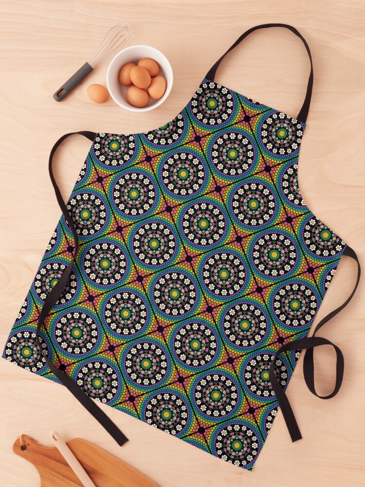 Apron, Maximalist Rainbow Daisy Dot The Difference Mandala Diamond Tile designed and sold by Triplicate Limited