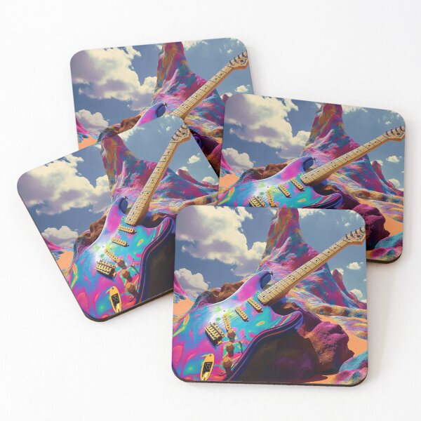Item preview, A vibrant, psychedelic guitar against a colorful desert backdrop designed and sold by realmusicluver.