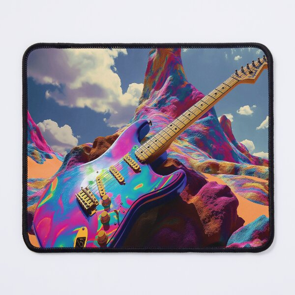Item preview, A vibrant, psychedelic guitar against a colorful desert backdrop designed and sold by realmusicluver.