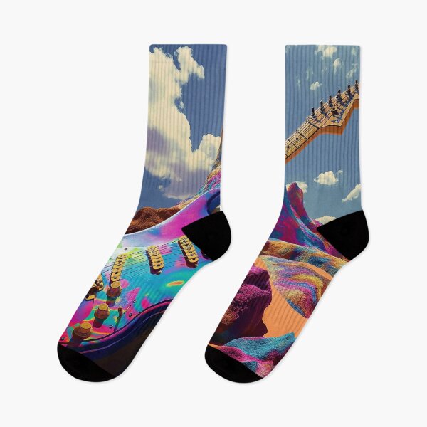 Item preview, A vibrant, psychedelic guitar against a colorful desert backdrop designed and sold by realmusicluver.