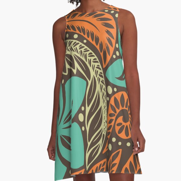 Polynesian Hawaiian brown blue floral tattoo design A-Line Dress