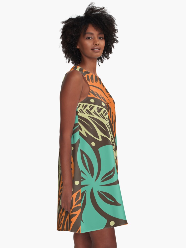 Alternate view of Polynesian Hawaiian brown blue floral tattoo design A-Line Dress