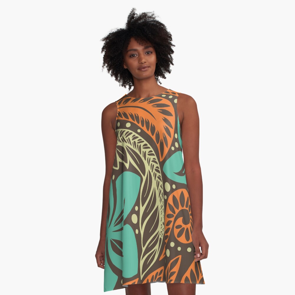 Polynesian Hawaiian brown blue floral tattoo design A-Line Dress