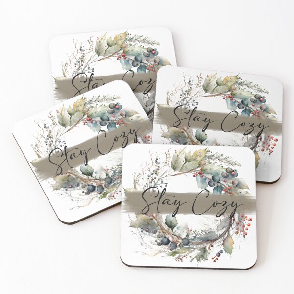 Item preview, Stay Cozy - watercolour winter wreath designed and sold by Chestnut Falls Studio.