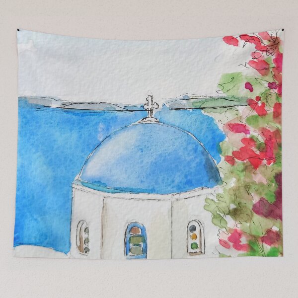 Item preview, Greece blue church  ink and watercolor  designed and sold by ColorandColor.