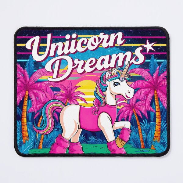 Item preview, a whimsical unicorn in 80s fashion, with bright pastel colors, palm trees, and retro elements, with words 'Unicorn Dreams' designed and sold by OneLastWish.