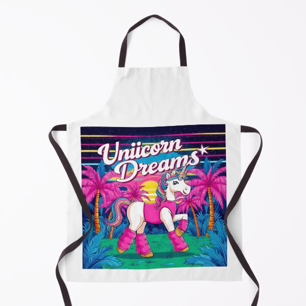 Item preview, a whimsical unicorn in 80s fashion, with bright pastel colors, palm trees, and retro elements, with words 'Unicorn Dreams' designed and sold by OneLastWish.
