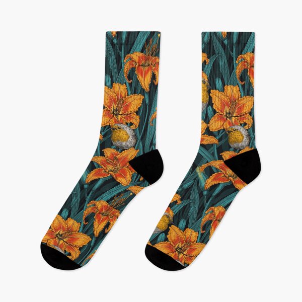 Item preview, Robins and lilly flowers, orange and blue designed and sold by Katerina Mitkova Kirilova.
