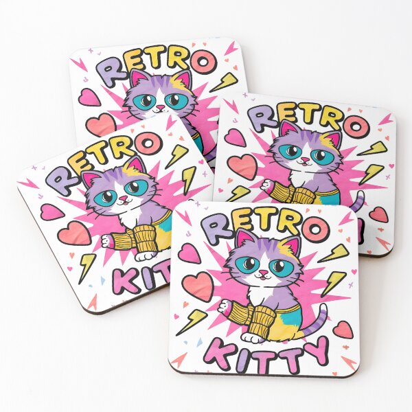 Item preview, an adorable 80s-themed cat illustration with vivid pastel colors, wearing a leg warmers and surrounded by hearts and lightning bolts, with the text 'Retro Kitty' in a playful font designed and sold by OneLastWish.