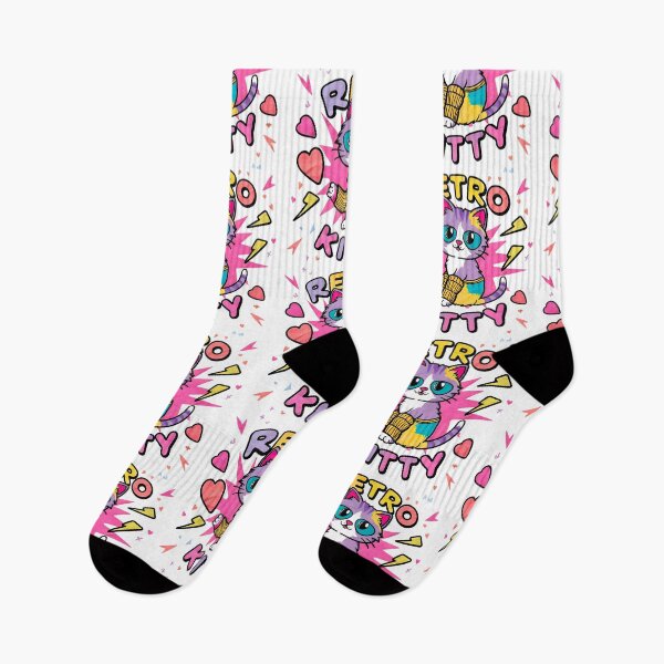 Item preview, an adorable 80s-themed cat illustration with vivid pastel colors, wearing a leg warmers and surrounded by hearts and lightning bolts, with the text 'Retro Kitty' in a playful font designed and sold by OneLastWish.