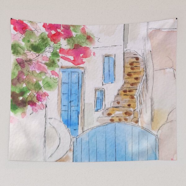 Item preview, Greece Island street corner ink and watercolor  designed and sold by SelenePaintings .