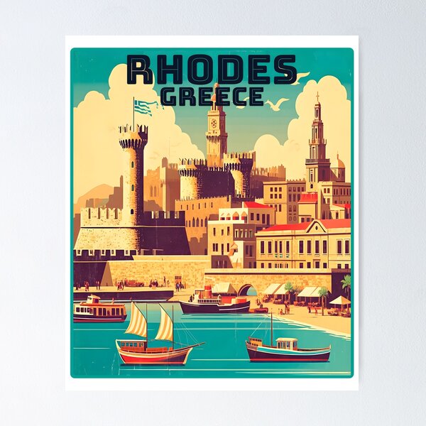 Item preview, Vintage retro Rhodes Greece Landmarks Skyline. designed and sold by Unitepeople.