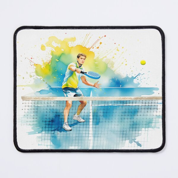 Item preview, Padel  player strikes a yellow ball with a paddle amidst vibrant colors on a court with a net designed and sold by homydesign.