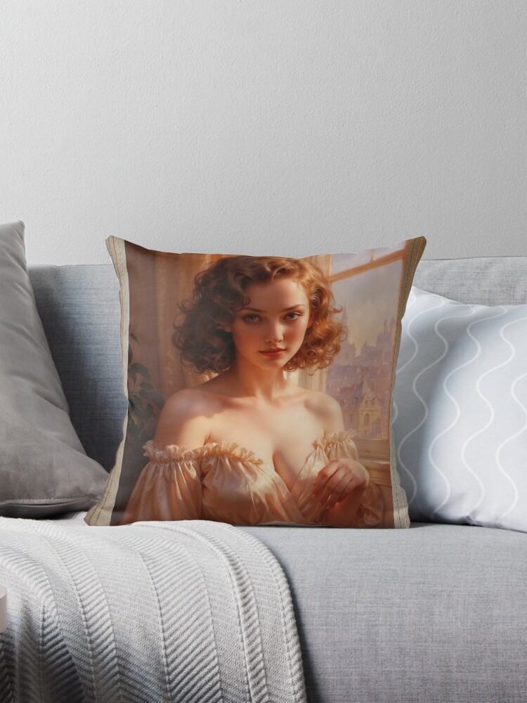 Beautiful Woman In A Morning Sunlit Room Overlooking A Historic Cityscape AI Concept Art by Xzendor7 4 Beautiful Woman In A Morning Sunlit Room Overlooking A Historic Cityscape Alluring AI Concept Art by Xzendor7 Decorative Portrait Art Print Throw Pillow