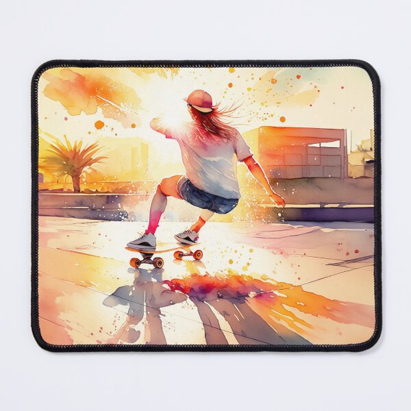 Item preview, A vibrant watercolor of a skater at sunset, with expressive urban splashes designed and sold by homydesign.