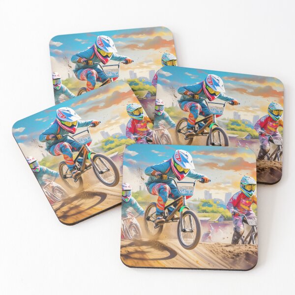 Item preview, BMX racers soar off a dirt ramp, vibrant gear against the cityscape, spectators and clouds above designed and sold by homydesign.