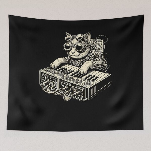 Item preview, Steampunk Cat Playing Synthesizer Synth Kitten Techno Music designed and sold by Dressed For  Duty.