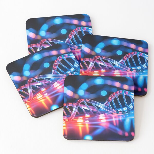 Item preview, A vivid depiction of DNA strands illuminated with multicolored lights against a dark backdrop designed and sold by homydesign.