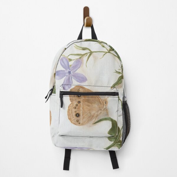 Item preview, Chinese Bush Brown butterfly and pupa on blue flower designed and sold by LigneaLuna.