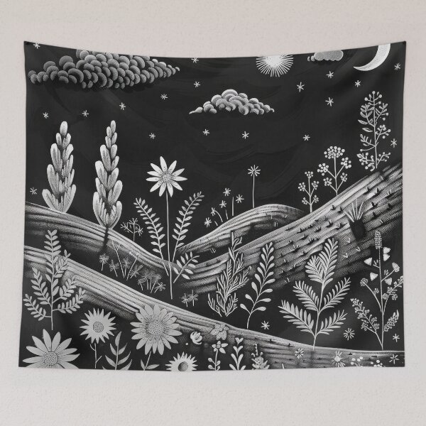 Item preview, Black And White Nighttime Landscape With Flowers And Stars designed and sold by brandway.
