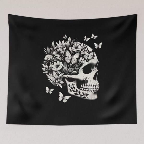 Item preview, Tropical Skull, “Skull’s out, sun’s out!”,monocrome, cool beach, leaves, flowers, butterflies designed and sold by Collagedream.