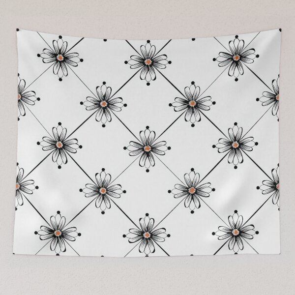 Item preview, Black and White Floral Tile Pattern With Orange Centers designed and sold by brandway.