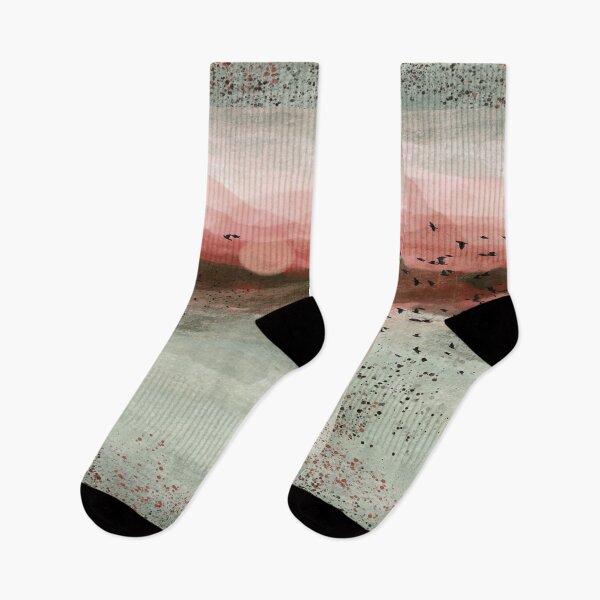 Item preview, watercolour red landscape ocean painting of a peaceful sunset with birds designed and sold by navitalidesign.