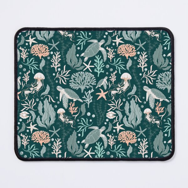 Item preview, Sea turtles and jellyfish in a coral reef - dark green, coral, off white designed and sold by sheena lange.