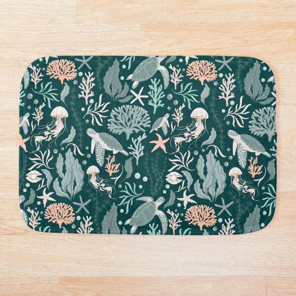 Item preview, Sea turtles and jellyfish in a coral reef - dark green, coral, off white designed and sold by sheena lange.