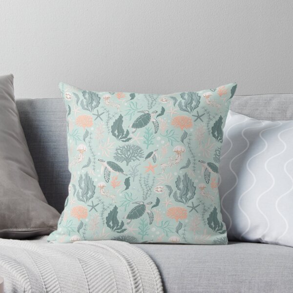 Item preview, Sea turtles in a coral reef - dark green, coral, off white designed and sold by sheena lange.