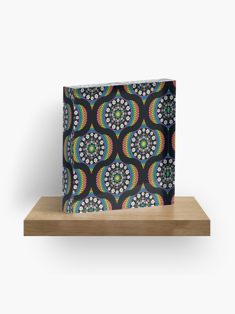 Acrylic Block, Maximalist Rainbow Daisy Dot The Difference Mandala Retro Ogee designed and sold by Triplicate Limited
