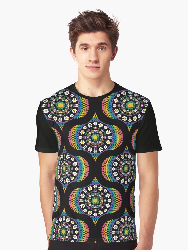 Graphic T-Shirt, Maximalist Rainbow Daisy Dot The Difference Mandala Retro Ogee designed and sold by Triplicate Limited