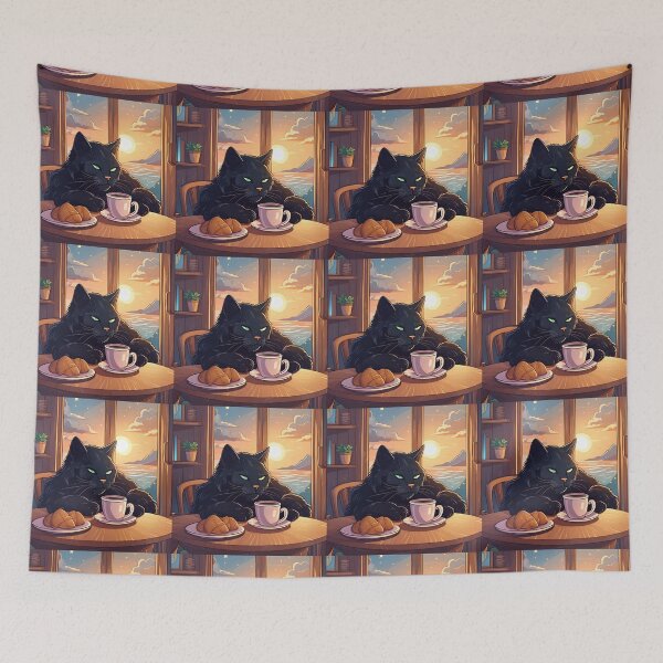 Item preview, Cozy Black Cat Drinking Coffee  designed and sold by CatStickershere.